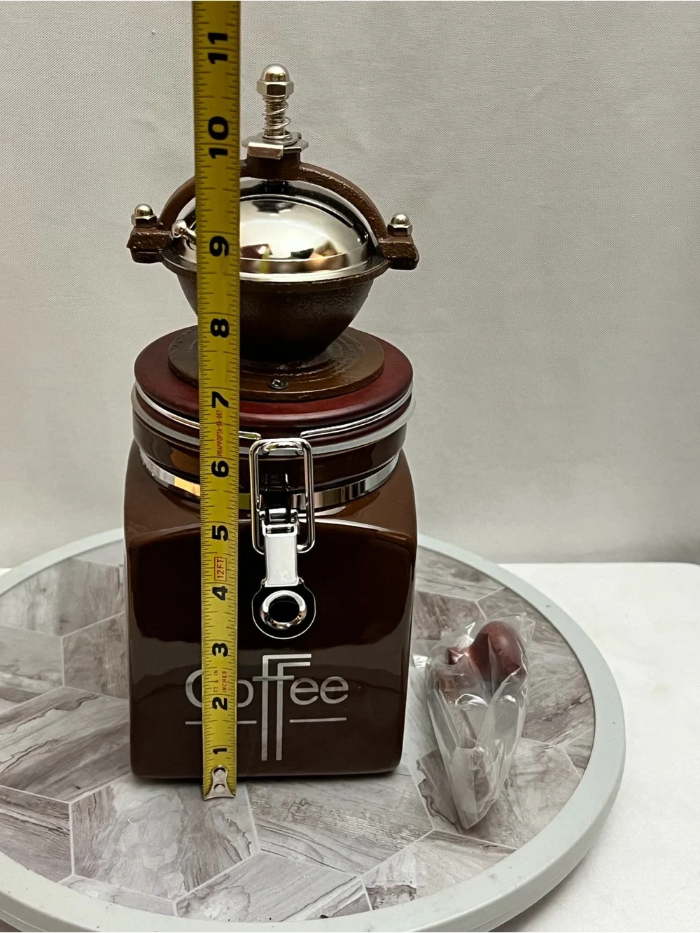 HuesNBrews Ceramic Coffee Grinder Canister Manual Hand Crank Brown New in Box